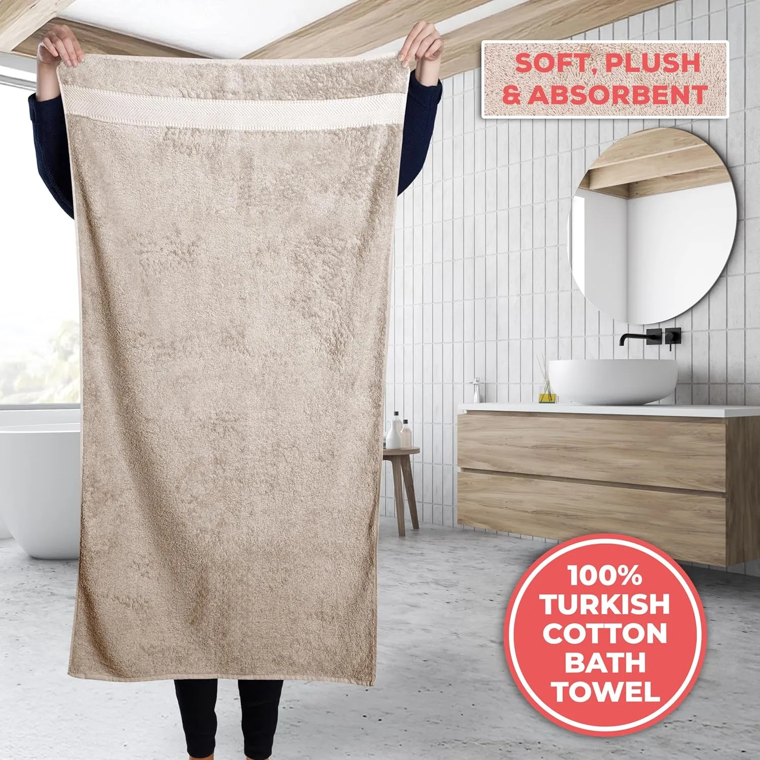 TEXTILOM 100% Turkish Cotton 2 Pcs Bath Towel Set, Luxury Bath Towels for Bathroom, Soft & Absorbent Hotel Quality Bathroom Towels Set (27 x 54 inches)- Beige
