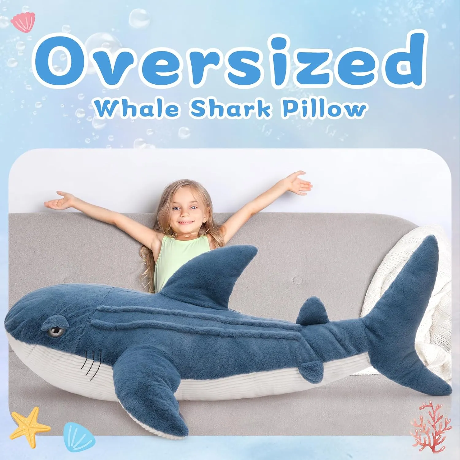 Tezituor 4.3ft Giant Whale Shark Stuffed Animal, 51 inch Large Stuffed Whale Shark Plush Ocean Toys, Hugging Soft Shark Whale Plush Pillow for Girls Boys
