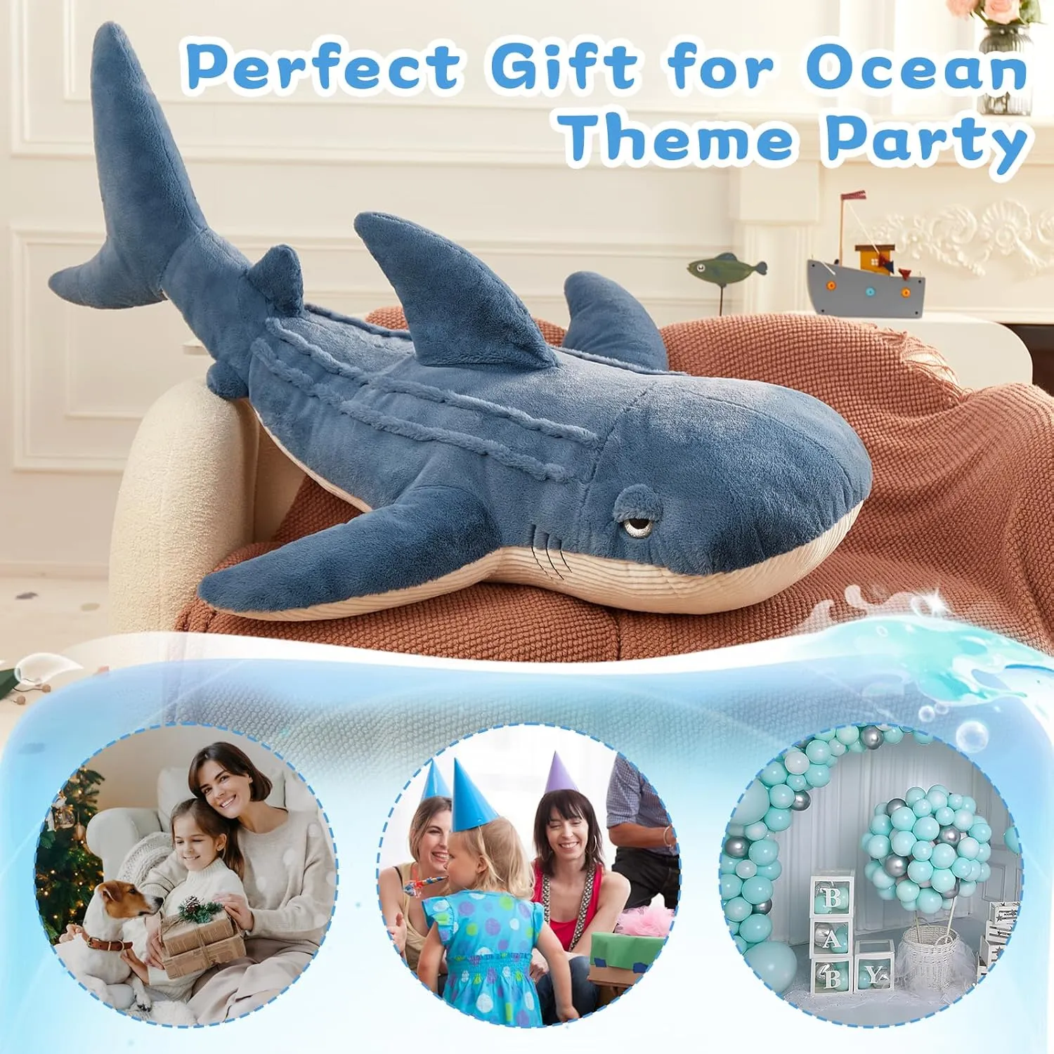 Tezituor 4.3ft Giant Whale Shark Stuffed Animal, 51 inch Large Stuffed Whale Shark Plush Ocean Toys, Hugging Soft Shark Whale Plush Pillow for Girls Boys