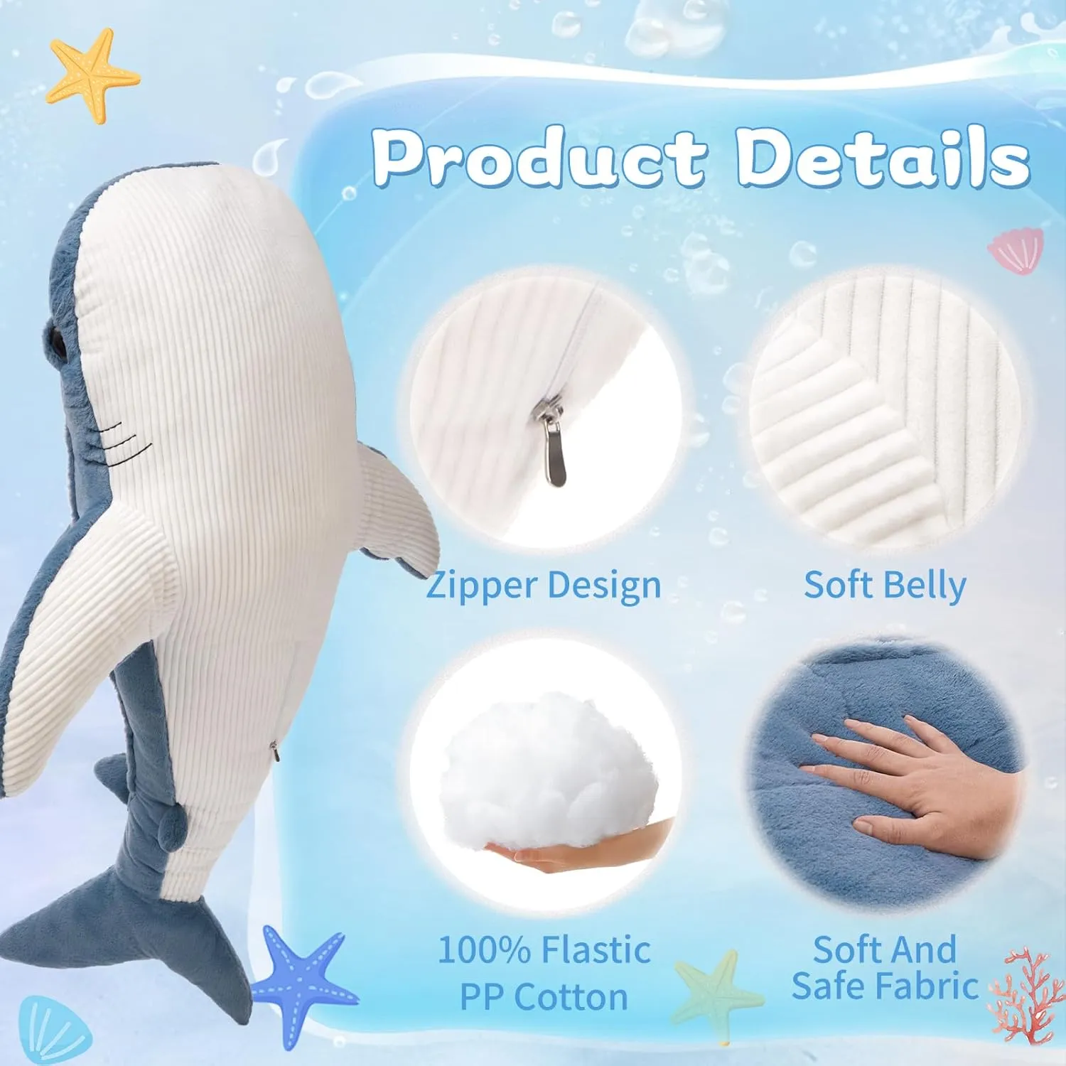Tezituor 4.3ft Giant Whale Shark Stuffed Animal, 51 inch Large Stuffed Whale Shark Plush Ocean Toys, Hugging Soft Shark Whale Plush Pillow for Girls Boys