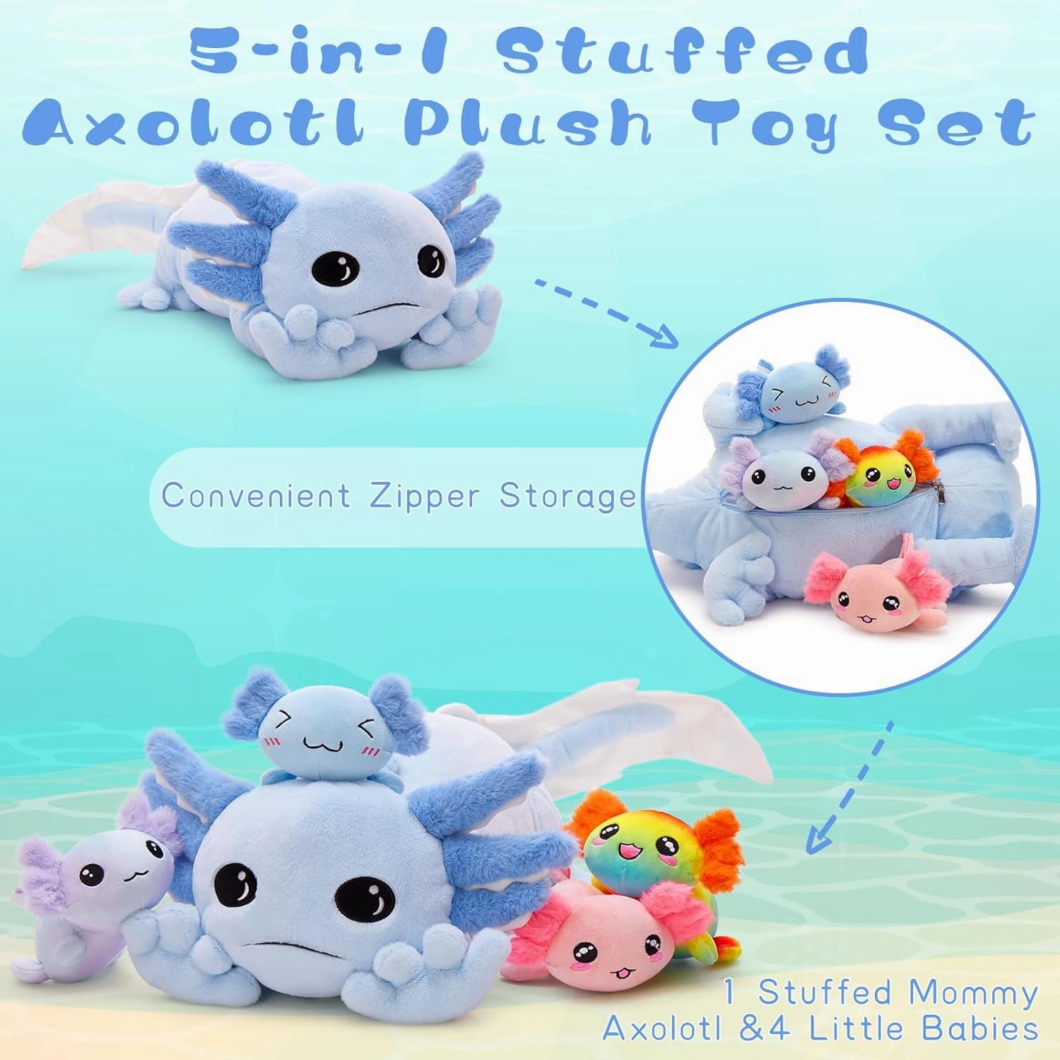 Tezituor Axolotl Plush with 4 Babies, 31.5" Cute Big Axolotl Stuffed Animals Luminous Axolotl Plushies Soft Toy Birthday Gifts for Girlfriends Kids,Blue(Glow in The Dark)