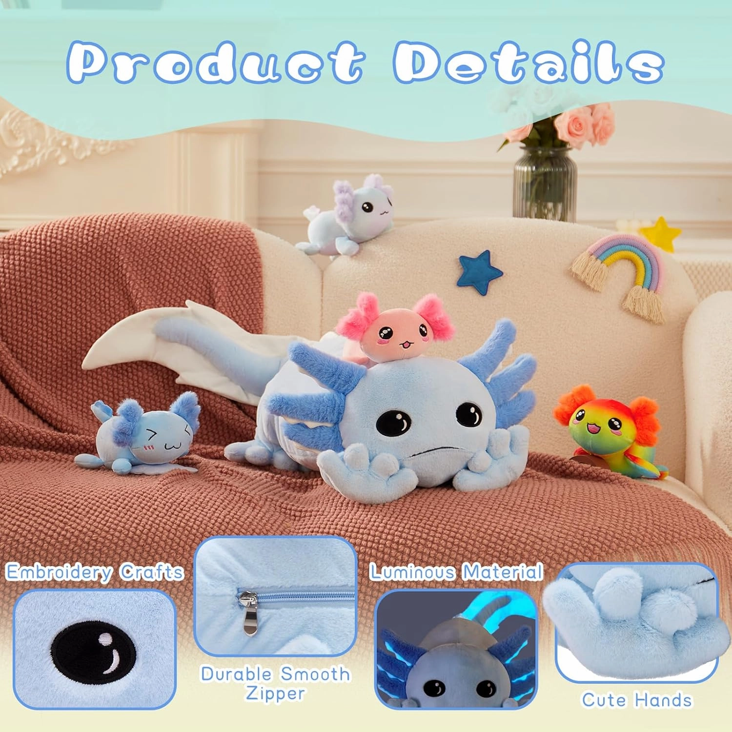 Tezituor Axolotl Plush with 4 Babies, 31.5" Cute Big Axolotl Stuffed Animals Luminous Axolotl Plushies Soft Toy Birthday Gifts for Girlfriends Kids,Blue(Glow in The Dark)