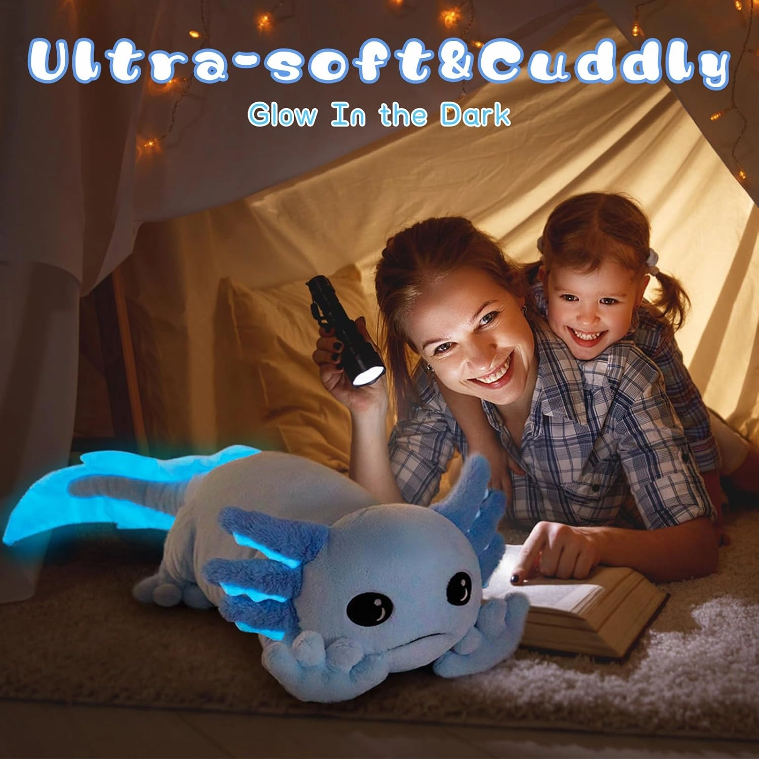 Tezituor Axolotl Plush with 4 Babies, 31.5" Cute Big Axolotl Stuffed Animals Luminous Axolotl Plushies Soft Toy Birthday Gifts for Girlfriends Kids,Blue(Glow in The Dark)