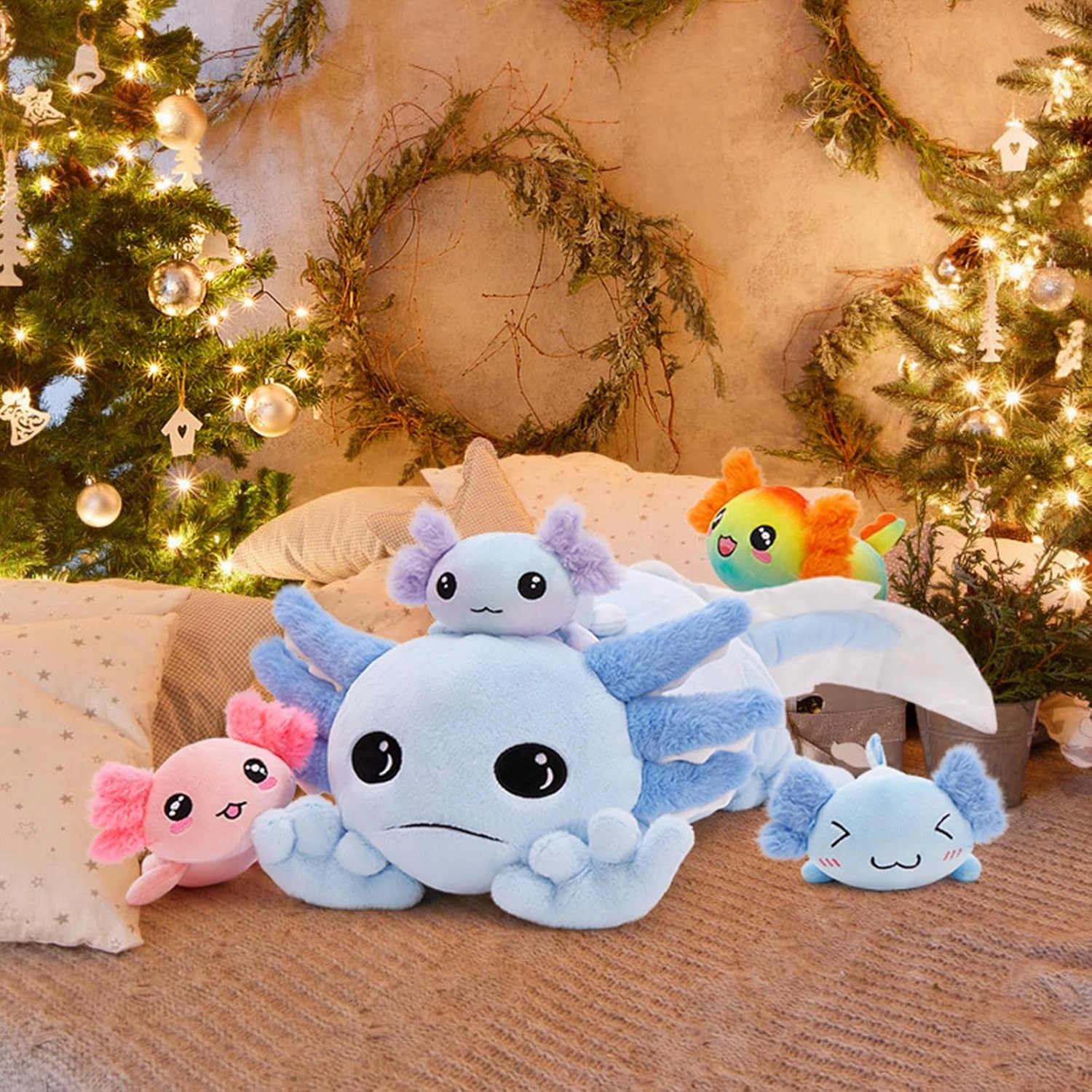 Tezituor Axolotl Plush with 4 Babies, 31.5" Cute Big Axolotl Stuffed Animals Luminous Axolotl Plushies Soft Toy Birthday Gifts for Girlfriends Kids,Blue(Glow in The Dark)