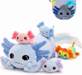 Tezituor Axolotl Plush with 4 Babies, 31.5" Cute Big Axolotl Stuffed Animals Luminous Axolotl Plushies Soft Toy Birthday Gifts for Girlfriends Kids,Blue(Glow in The Dark)