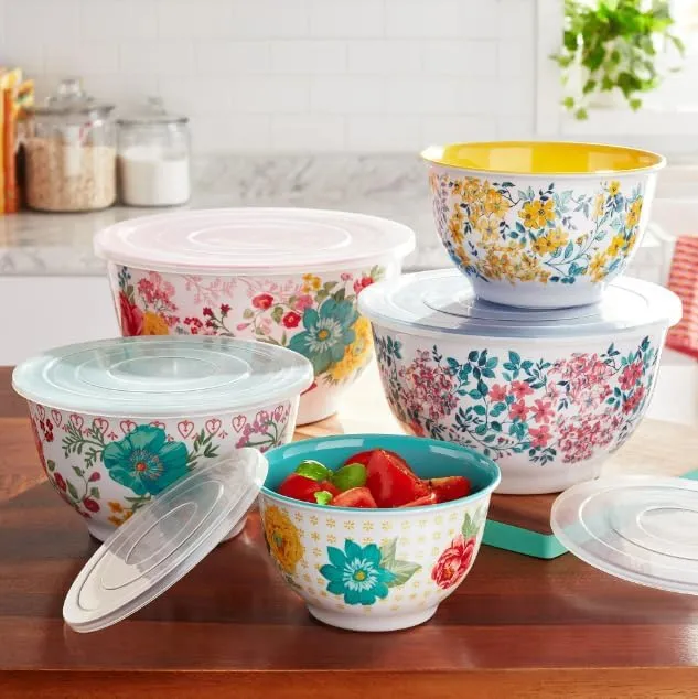 The Pioneer Woman Melamine Mixing Bowls Set with Lids 10-Pieces Bundle with Spoon Rest & Stainless Steel Silicone Kitchen Tongs Red (Total 12 Pieces)