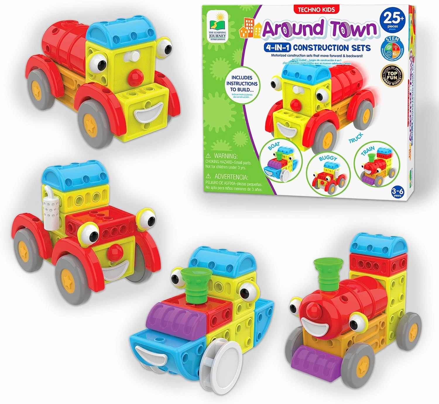 The Learning Journey: Techno Kids 4-in-1 Around Town - Kids Moblie Vehicles Construction Combo Set - Interlocking - Interchangeable STEM Toy Gear Sets for Children Preschool- Ages 3 Years and Up