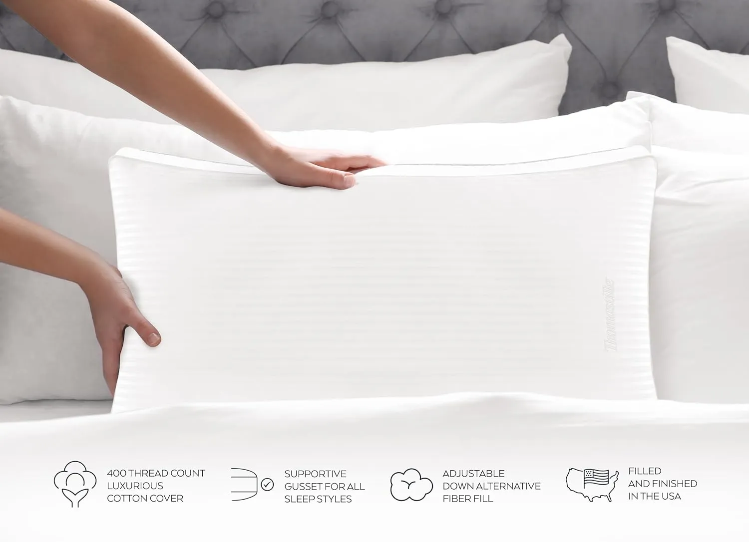 Thomasville 400 Thread Count Cotton Dobby Stripe Hotel Style Bed Pillow, Standard, White 2