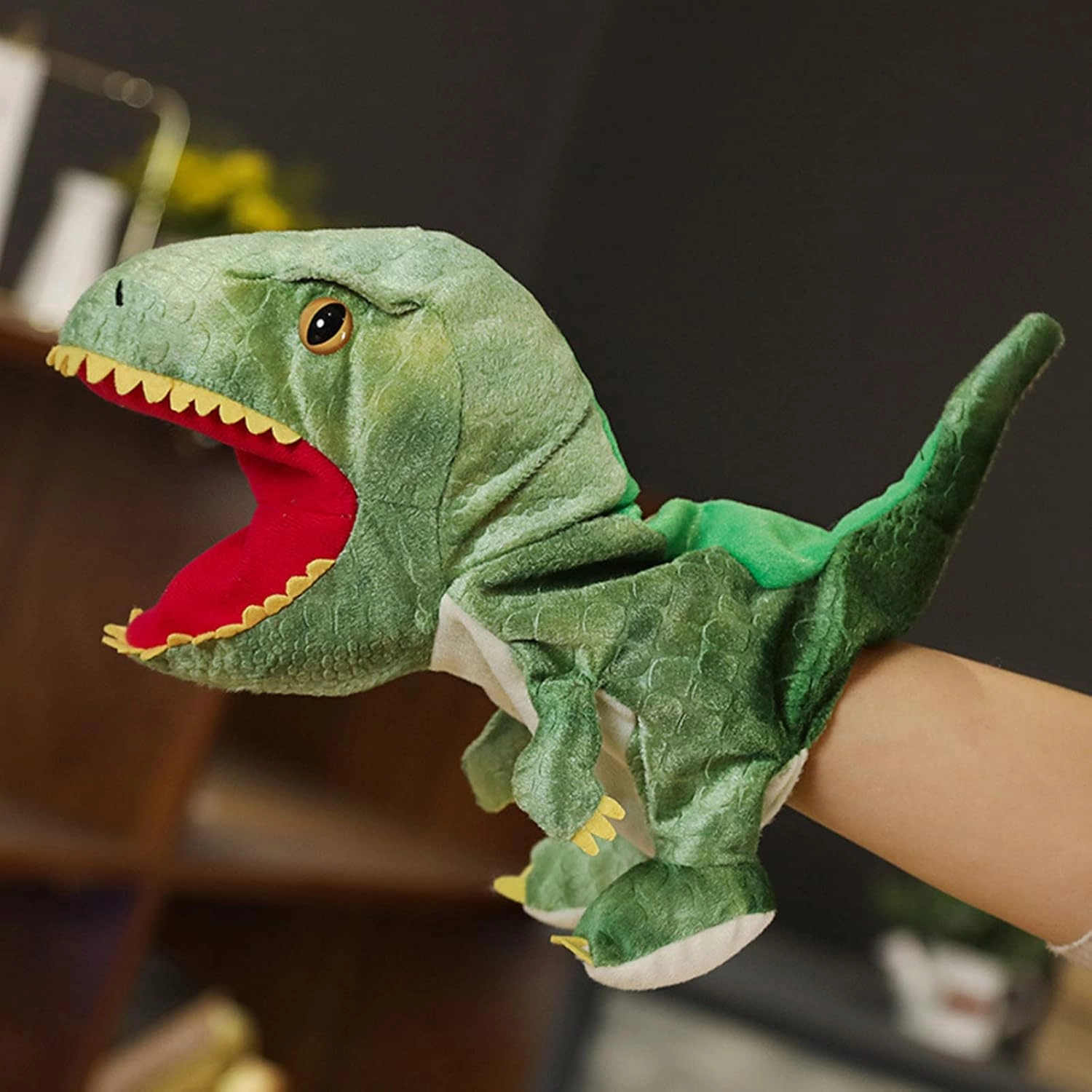 Tiny Heart Green Dinosaur Plush Hand Puppet, About 9.84inch Dinosaur Tyrannosaurus Plush Animal Hand Puppet Plush Toy, Children's Parent-Interactive Early Education Toys, Cute Role-Playing