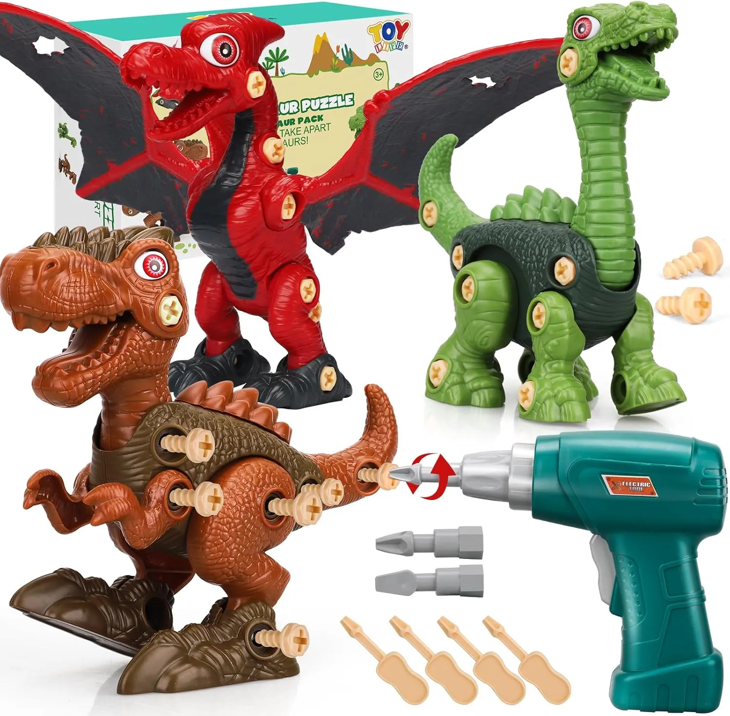 TOY Life 3-Pack Take Apart Dinosaur Toys for Kids 3 5 7 Kids Dinosaur Toys with Electric Drill Dinosaur Birthday Gifts Take Apart Toys for Boys Building Toys for Kids Ages 4-8 Stem Toys Tool Set