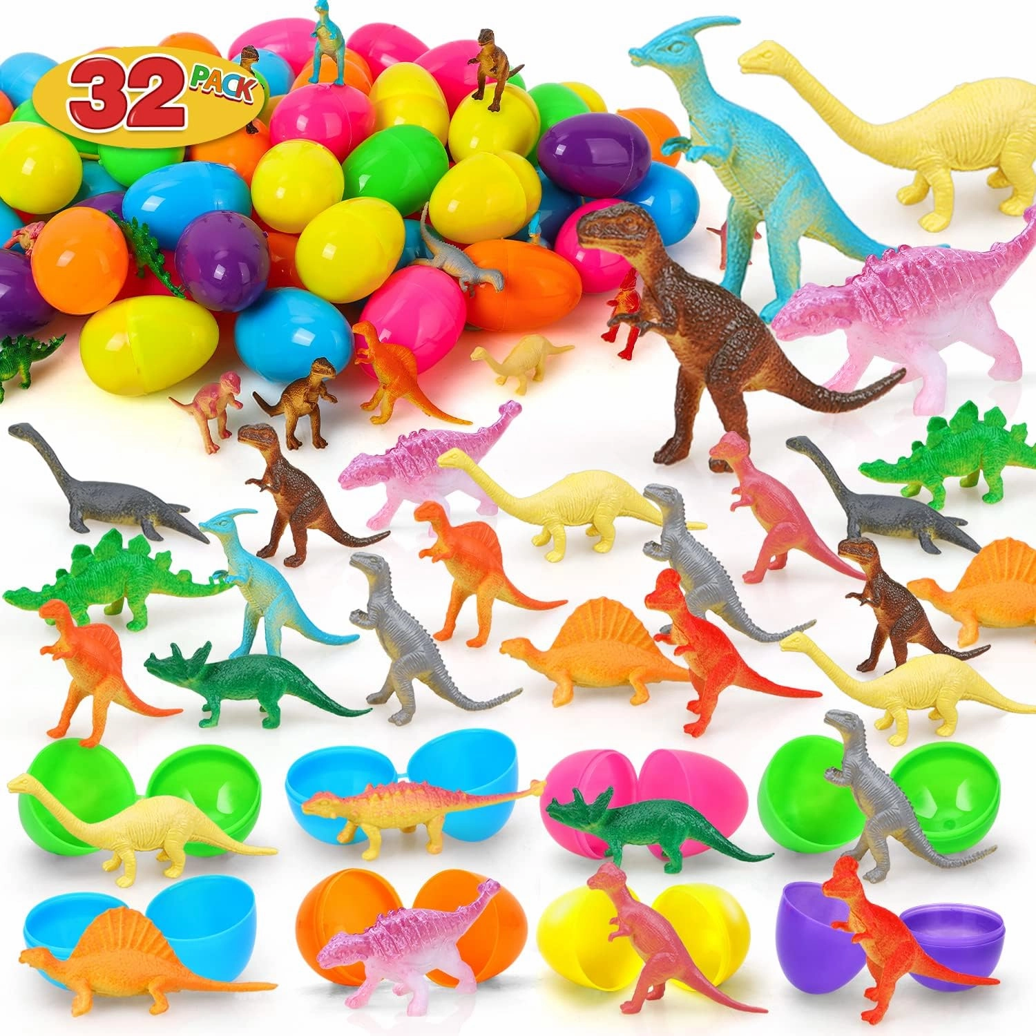 TOY Life Easter Eggs with Toys Inside 32 Pcs Dinosaur Egg Fillers Easter Basket Stuffers Easter Eggs with Toys Inside Dino Eggs Mini Dinosaurs