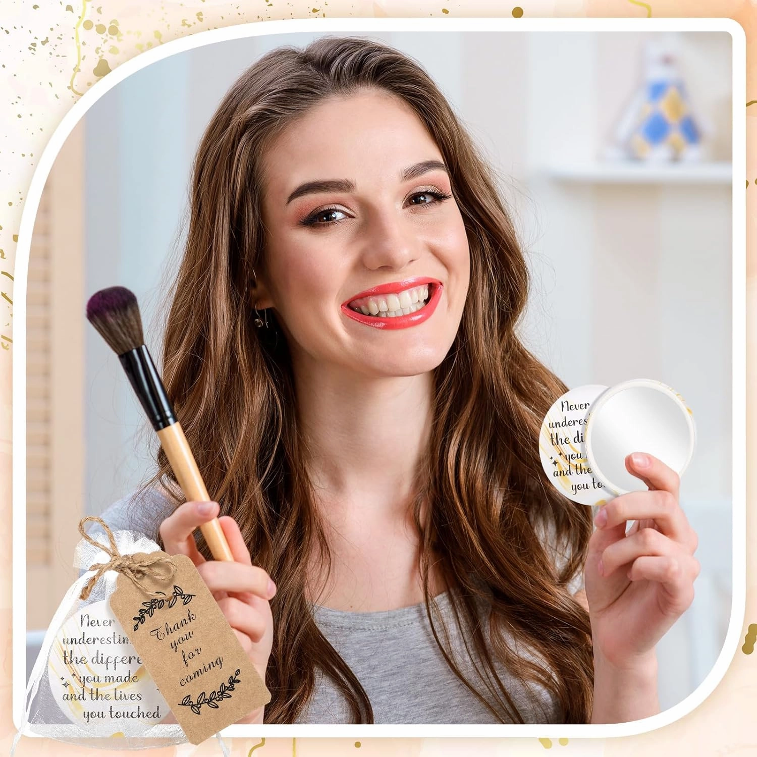 Tradder 50 Sets 2. 76" Compact Mirrors Bulk Inspirational Appreciation Women Employee Gifts Small Purse Pocket Makeup Mirrors for Graduation Gifts Wedding Bridal Souvenir Bags(Gold and White)