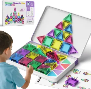 Travel Magnetic Tiles Building Set - Strong Magnetic Blocks with Iron Storage Box, Toddler Puzzle Birthday Gift Toys for Boys and Girls Ages 3 