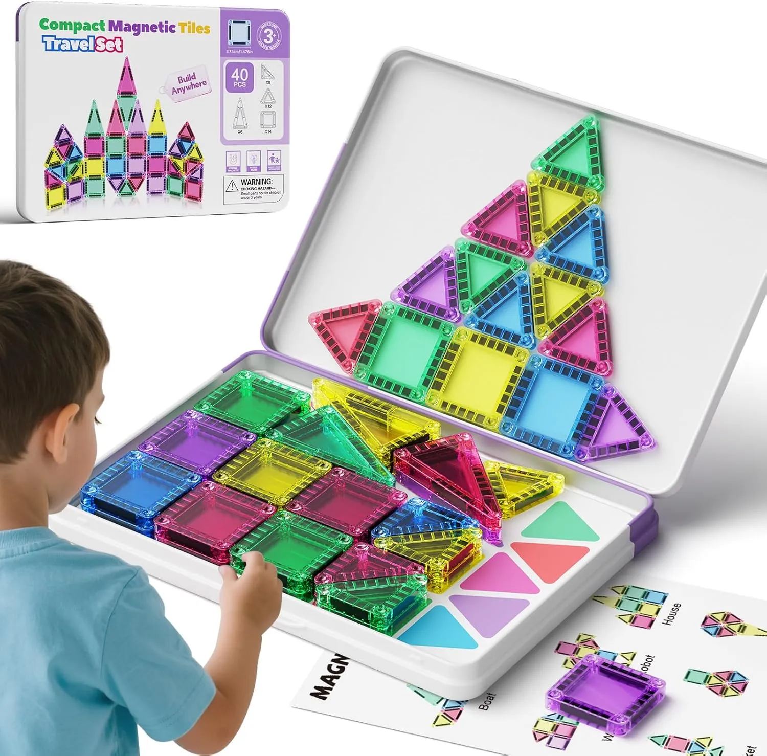 Travel Magnetic Tiles Building Set - Strong Magnetic Blocks with Iron Storage Box, Toddler Puzzle Birthday Gift Toys for Boys and Girls Ages 3 