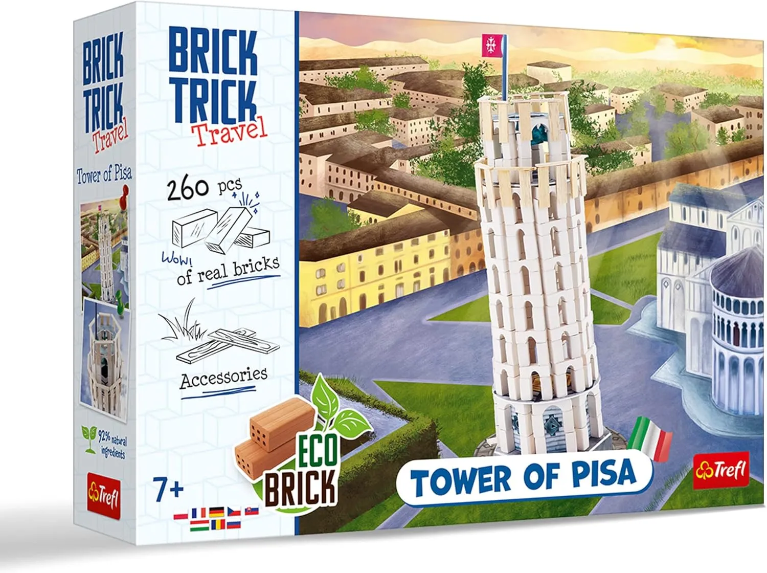 Trefl Travel: Tower of Pisa - Building Brick Travel, Leaning Tower of Pisa, EKO Brick, 260 Bricks, Reusable, Creative Set for Children from 7 Years