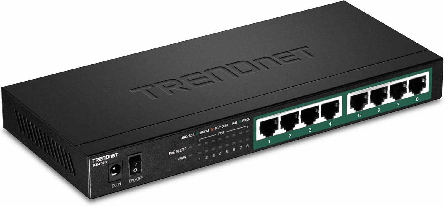 TRENDnet 8-Port Gigabit PoE  Switch, 65W PoE Power Budget, 16Gbps Switching Capacity, IEEE 802.1p QoS, DSCP Pass-Through Support, Fanless, Wall Mountable, Lifetime Protection, Black, TPE-TG83