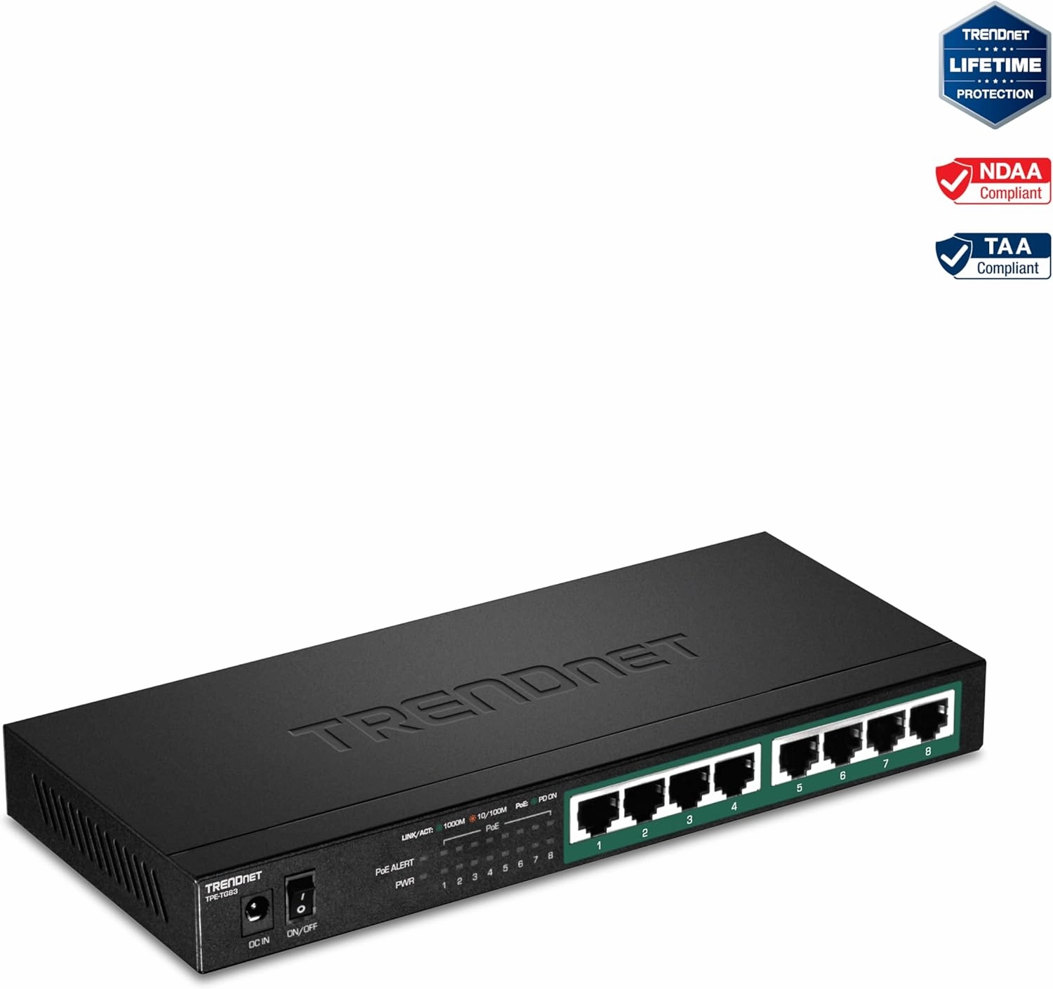 TRENDnet 8-Port Gigabit PoE  Switch, 65W PoE Power Budget, 16Gbps Switching Capacity, IEEE 802.1p QoS, DSCP Pass-Through Support, Fanless, Wall Mountable, Lifetime Protection, Black, TPE-TG83