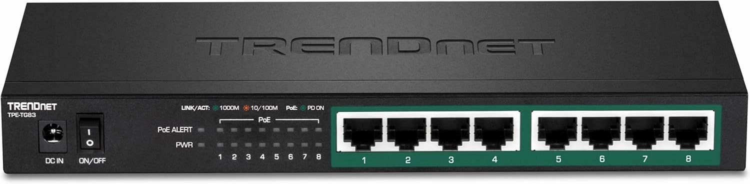 TRENDnet 8-Port Gigabit PoE  Switch, 65W PoE Power Budget, 16Gbps Switching Capacity, IEEE 802.1p QoS, DSCP Pass-Through Support, Fanless, Wall Mountable, Lifetime Protection, Black, TPE-TG83