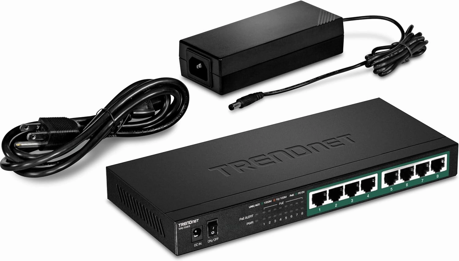 TRENDnet 8-Port Gigabit PoE  Switch, 65W PoE Power Budget, 16Gbps Switching Capacity, IEEE 802.1p QoS, DSCP Pass-Through Support, Fanless, Wall Mountable, Lifetime Protection, Black, TPE-TG83