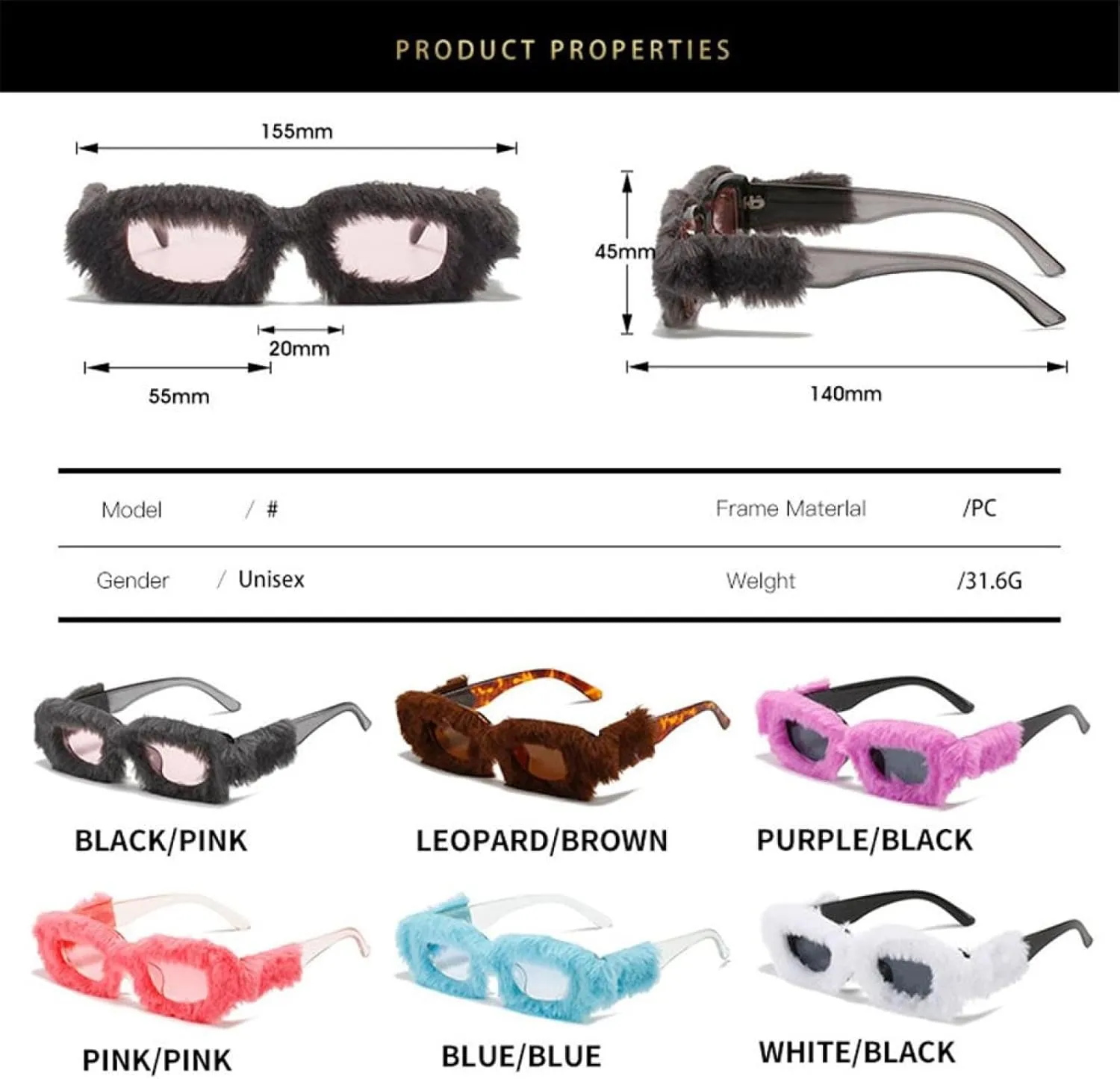 Trendy Rectangle Sunglasses Women Punk Plush Sun Glasses Ladies Uv400 Shades Fashion