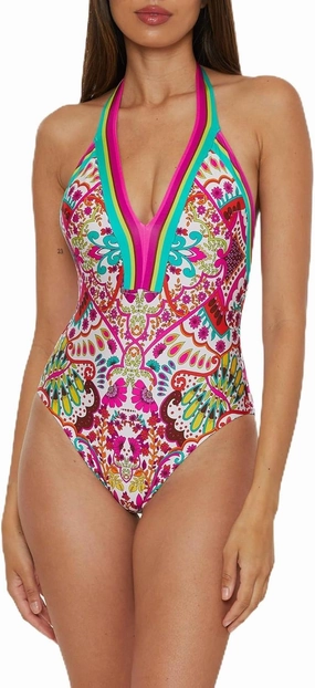 Trina Turk Women's Meilani One Piece Swimsuit, Plunge Neck, Floral Print, Bathing Suits