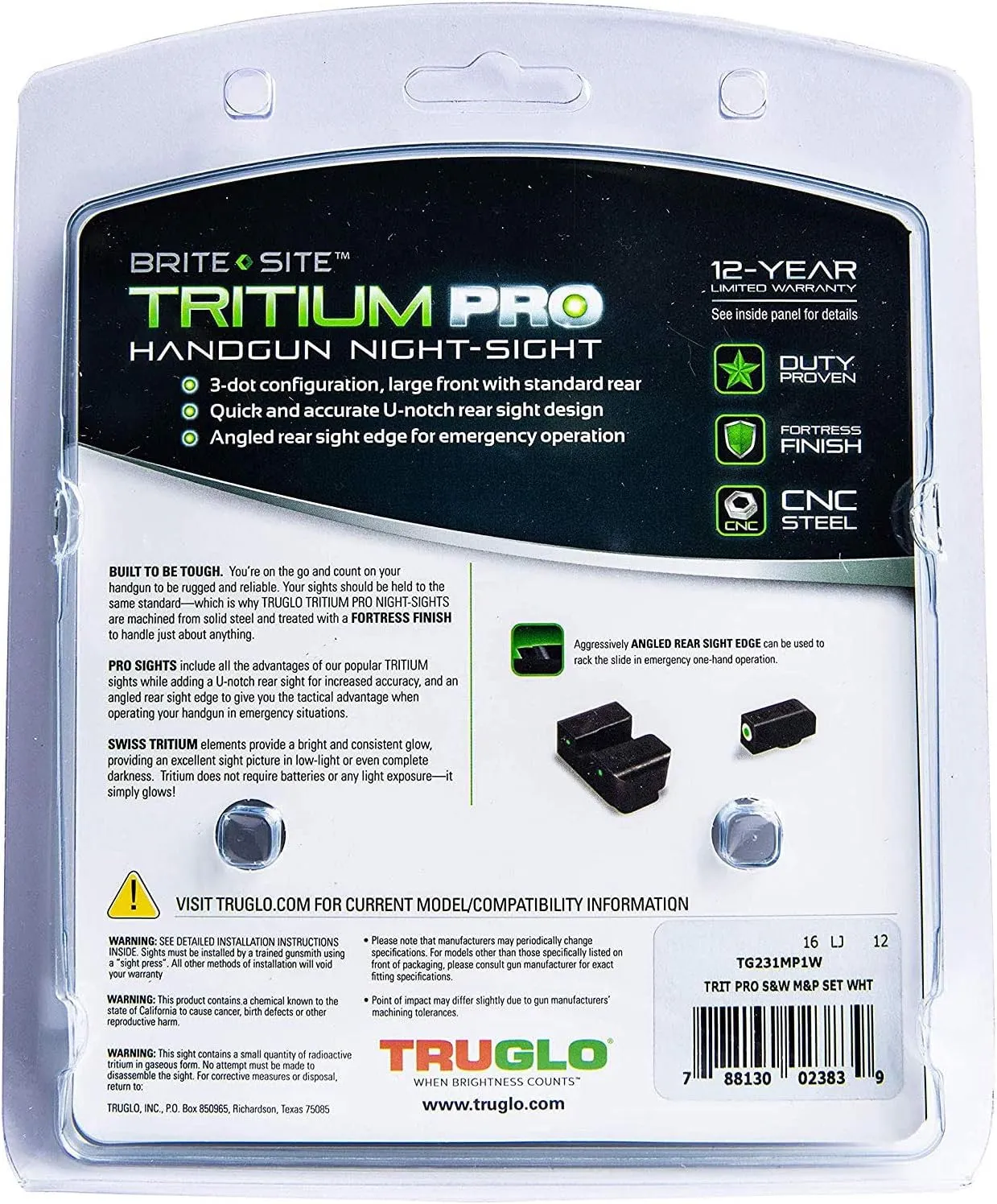 Tritium Pro Night Sights, Compatible with Smith & Wesson Handgun Models Glow-in-The-Dark Front & Rear Gun Sight Set with Focus Lock Front Ring