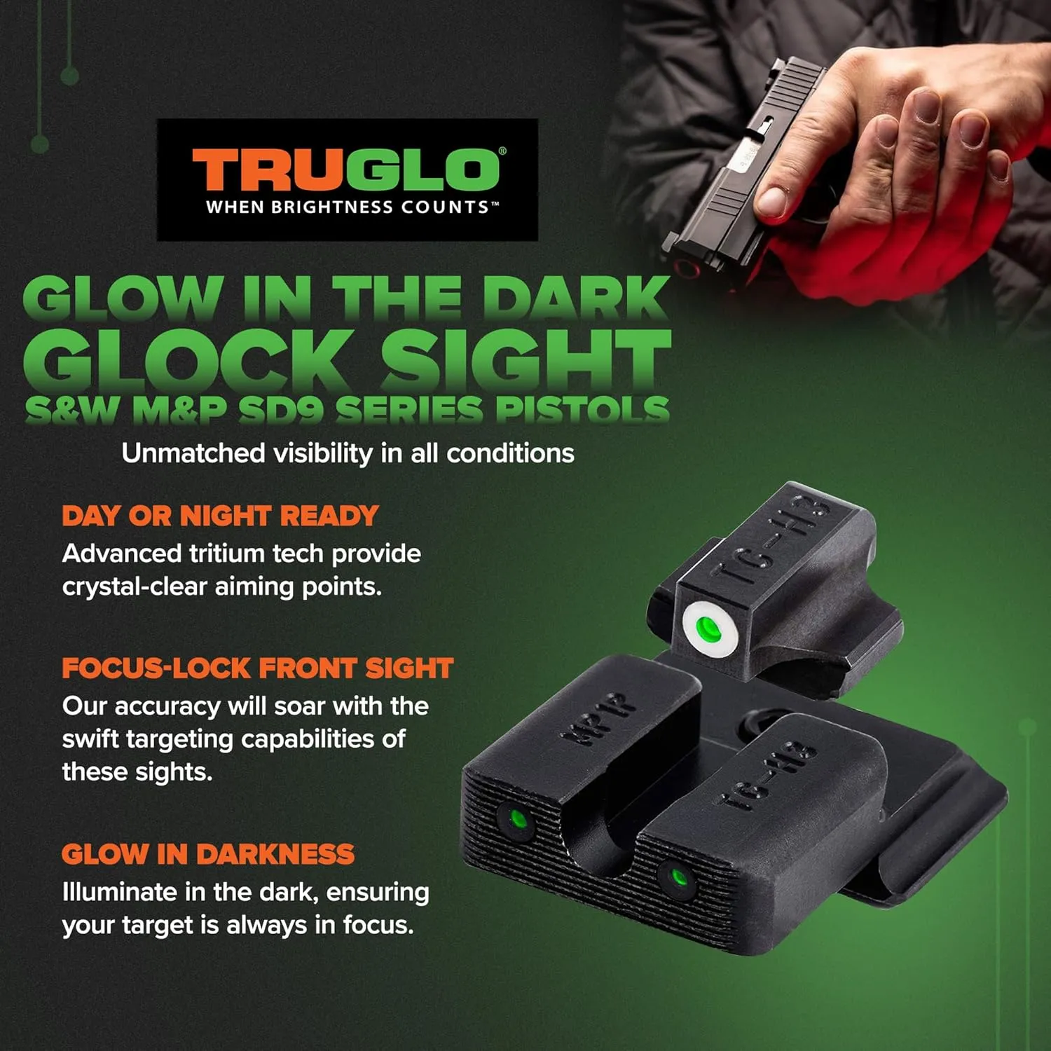 Tritium Pro Night Sights, Compatible with Smith & Wesson Handgun Models Glow-in-The-Dark Front & Rear Gun Sight Set with Focus Lock Front Ring