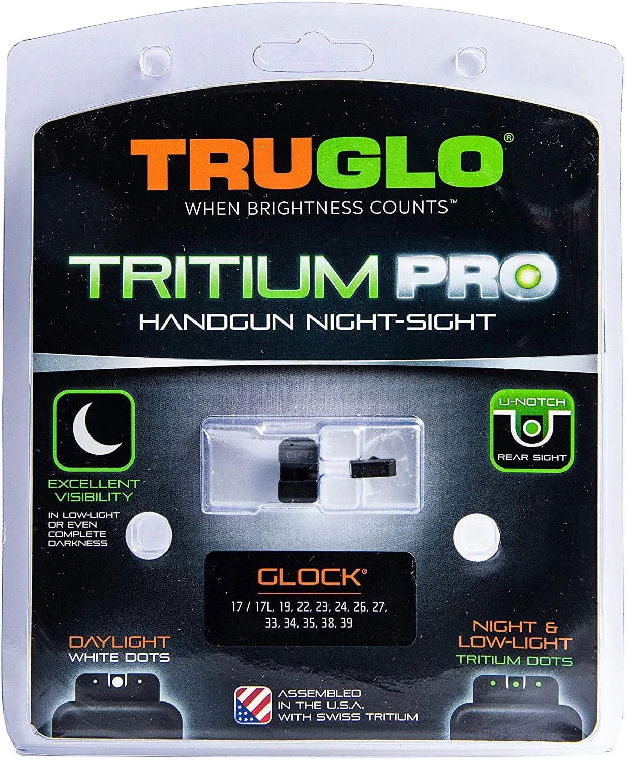 TRUGLO Tritium Pro Night Sights, Compatible with Glock Handgun Models | Compact Durable Glow-in-The-Dark Front & Rear Gun Sight Set with Focus Lock Front Ring
