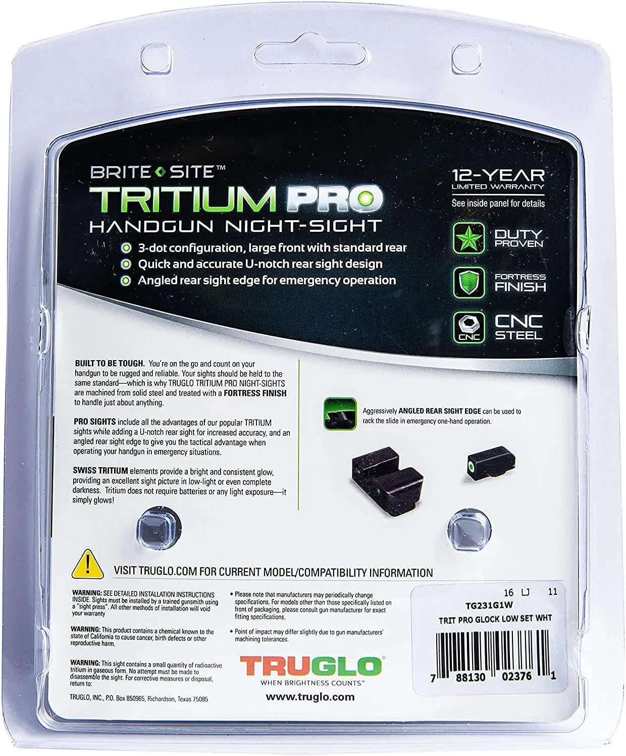 TRUGLO Tritium Pro Night Sights, Compatible with Glock Handgun Models | Compact Durable Glow-in-The-Dark Front & Rear Gun Sight Set with Focus Lock Front Ring