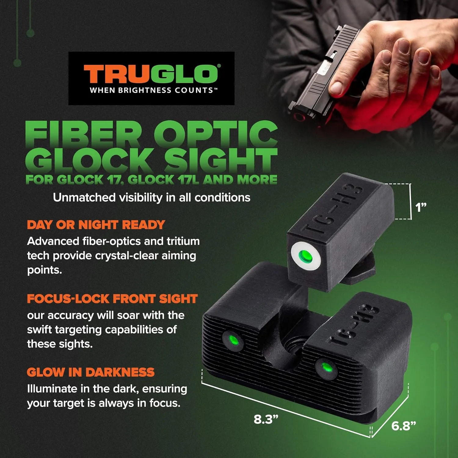 TRUGLO Tritium Pro Night Sights, Compatible with Glock Handgun Models | Compact Durable Glow-in-The-Dark Front & Rear Gun Sight Set with Focus Lock Front Ring