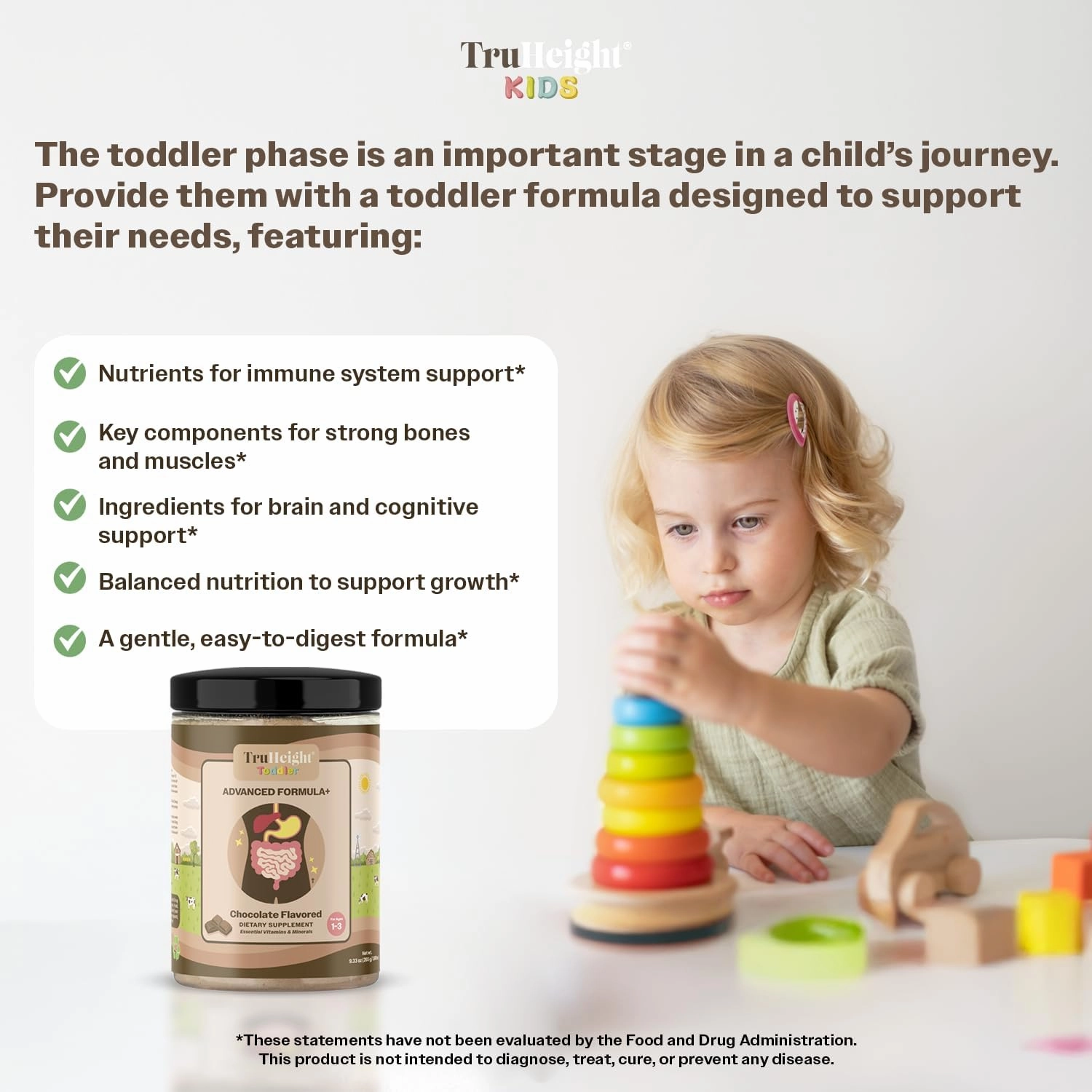 TruHeight Toddler Advanced Formula  (Chocolate) 16 Vitamins Including C, D, Protein & Iron for 1, 2, 3 Years Old, Milk Based Nutritional Drink, Toddler Complete Nutrition 12-36 Months - Non GMO