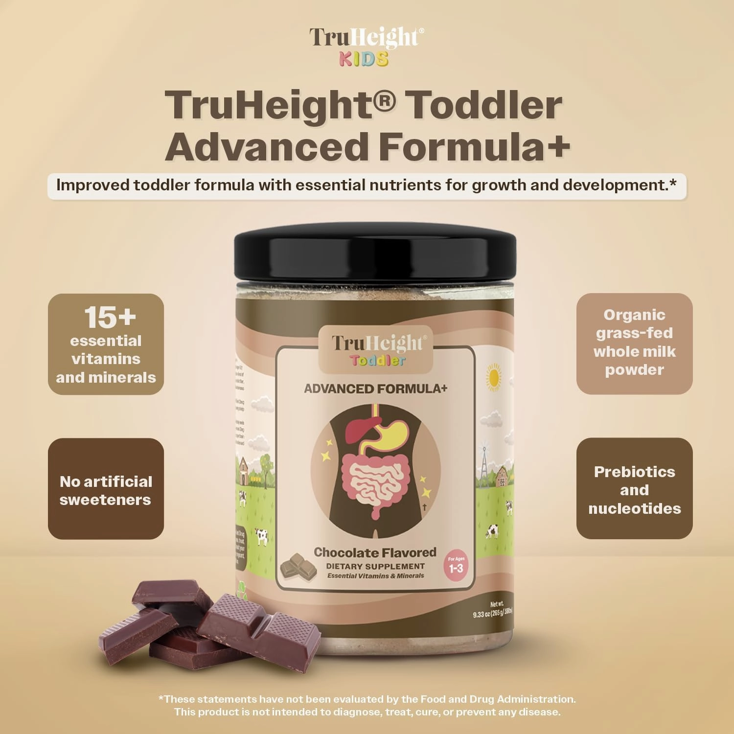 TruHeight Toddler Advanced Formula  (Chocolate) 16 Vitamins Including C, D, Protein & Iron for 1, 2, 3 Years Old, Milk Based Nutritional Drink, Toddler Complete Nutrition 12-36 Months - Non GMO