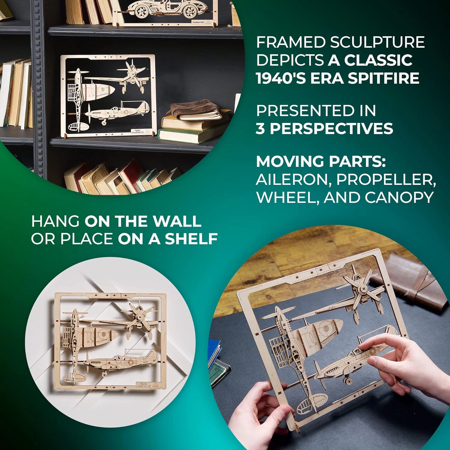 UGEARS 2.5D Framed Fighter Aircraft - Classic Aircraft Wood Model Kit with Movable Aileron, Propeller, Wheel & Canopy - Airplane Wooden Puzzle Model Kits - Home and Office Decor