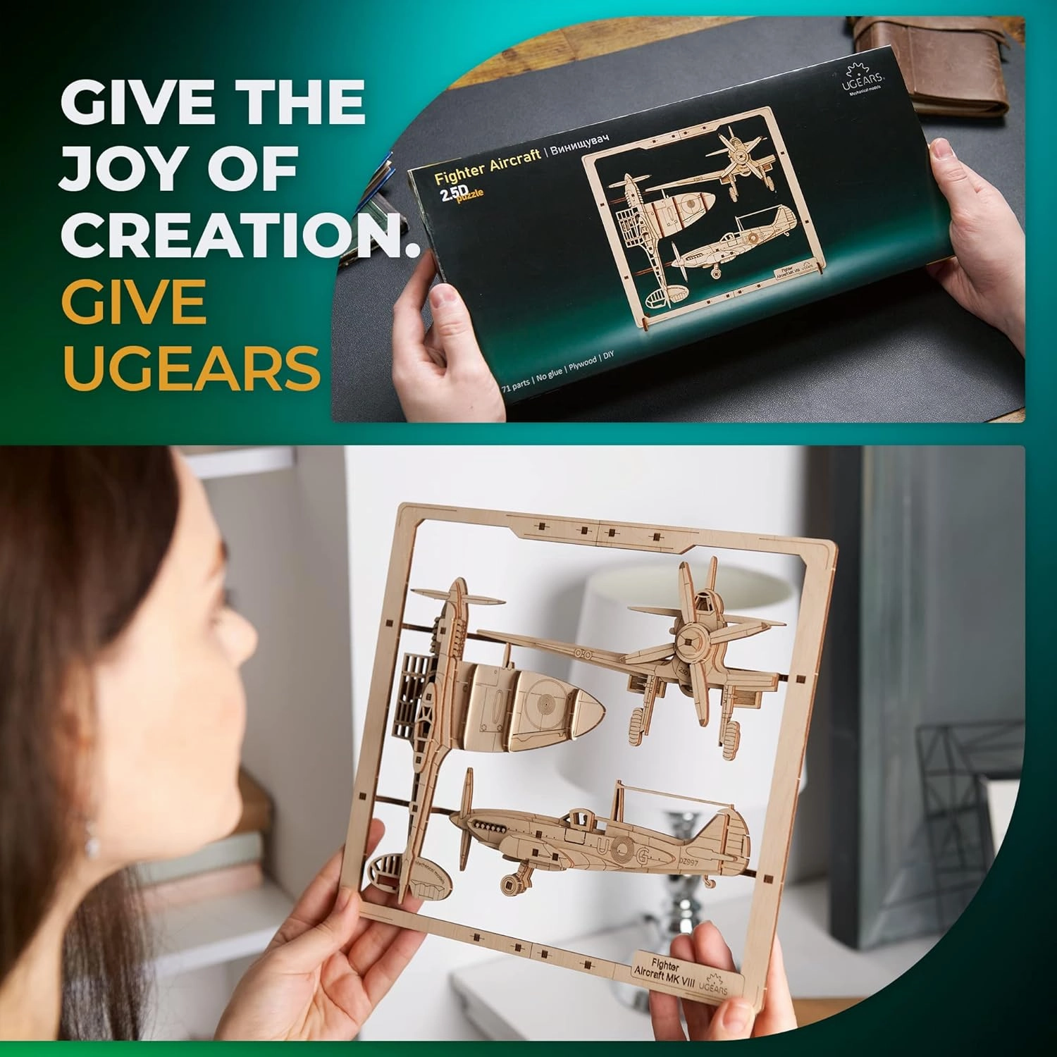 UGEARS 2.5D Framed Fighter Aircraft - Classic Aircraft Wood Model Kit with Movable Aileron, Propeller, Wheel & Canopy - Airplane Wooden Puzzle Model Kits - Home and Office Decor