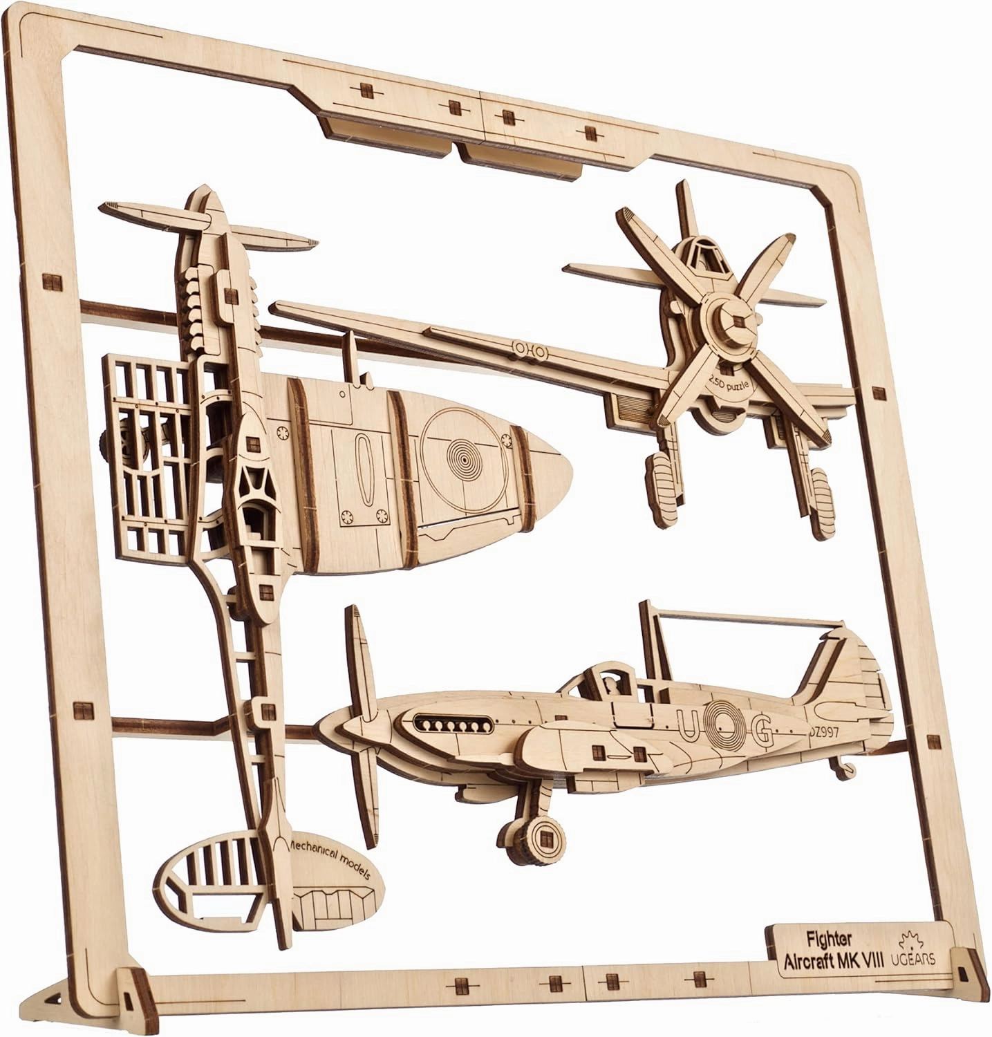 UGEARS 2.5D Framed Fighter Aircraft - Classic Aircraft Wood Model Kit with Movable Aileron, Propeller, Wheel & Canopy - Airplane Wooden Puzzle Model Kits - Home and Office Decor