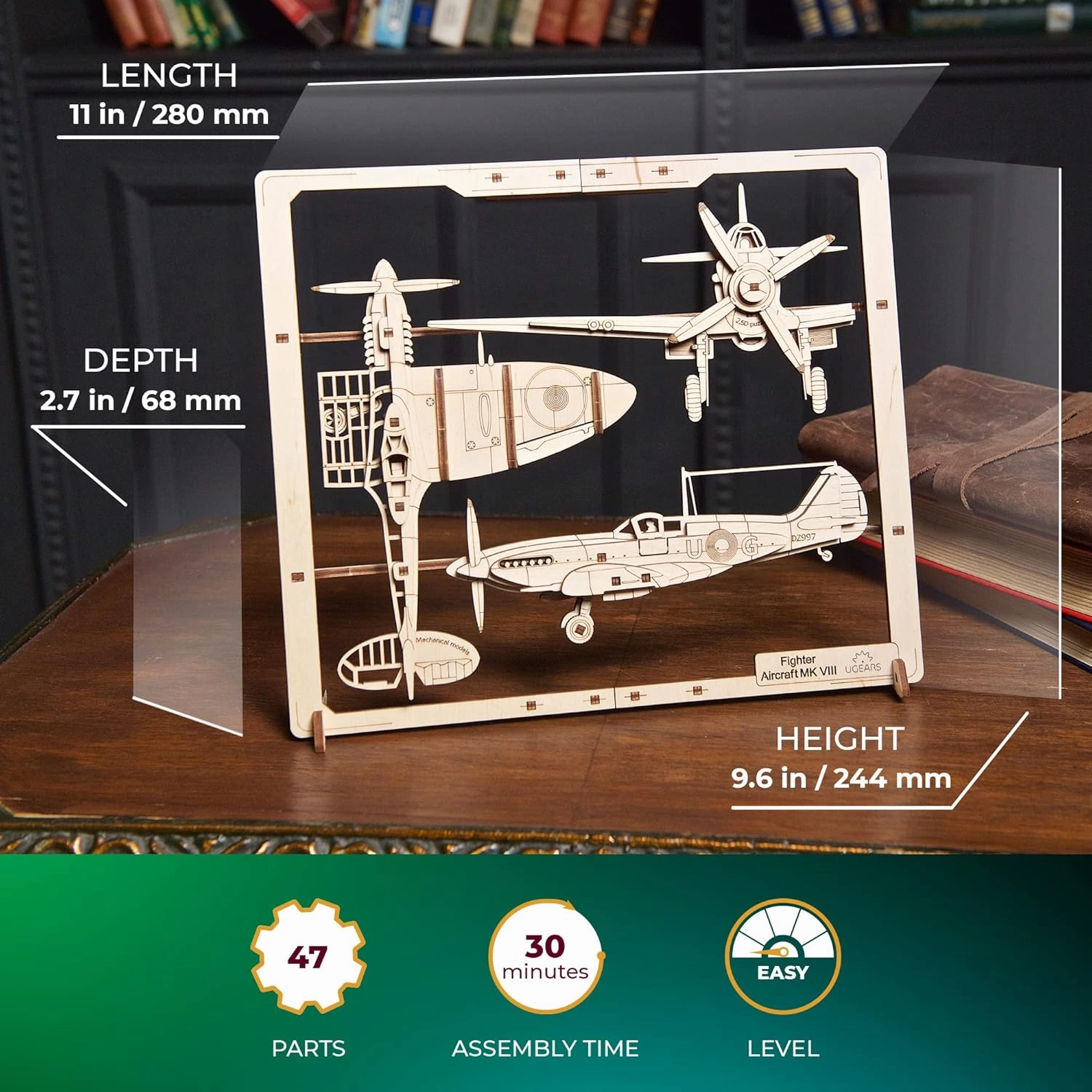UGEARS 2.5D Framed Fighter Aircraft - Classic Aircraft Wood Model Kit with Movable Aileron, Propeller, Wheel & Canopy - Airplane Wooden Puzzle Model Kits - Home and Office Decor