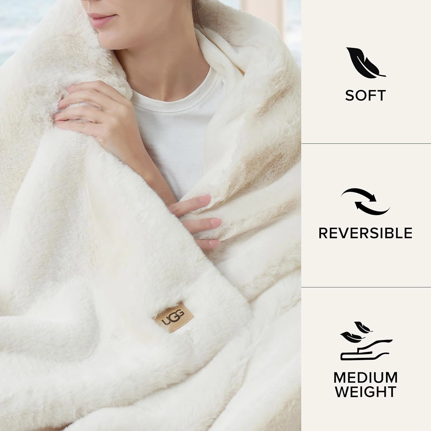 UGG Euphoria Plush Faux Fur Throw Blanket Medium Weight Reversible Luxury Soft Throw for Couch Bed or Chair Hypoallergenic Machine Washable Home Decor Fluffy Blanket, 50-inch x 70-inch, White Snow