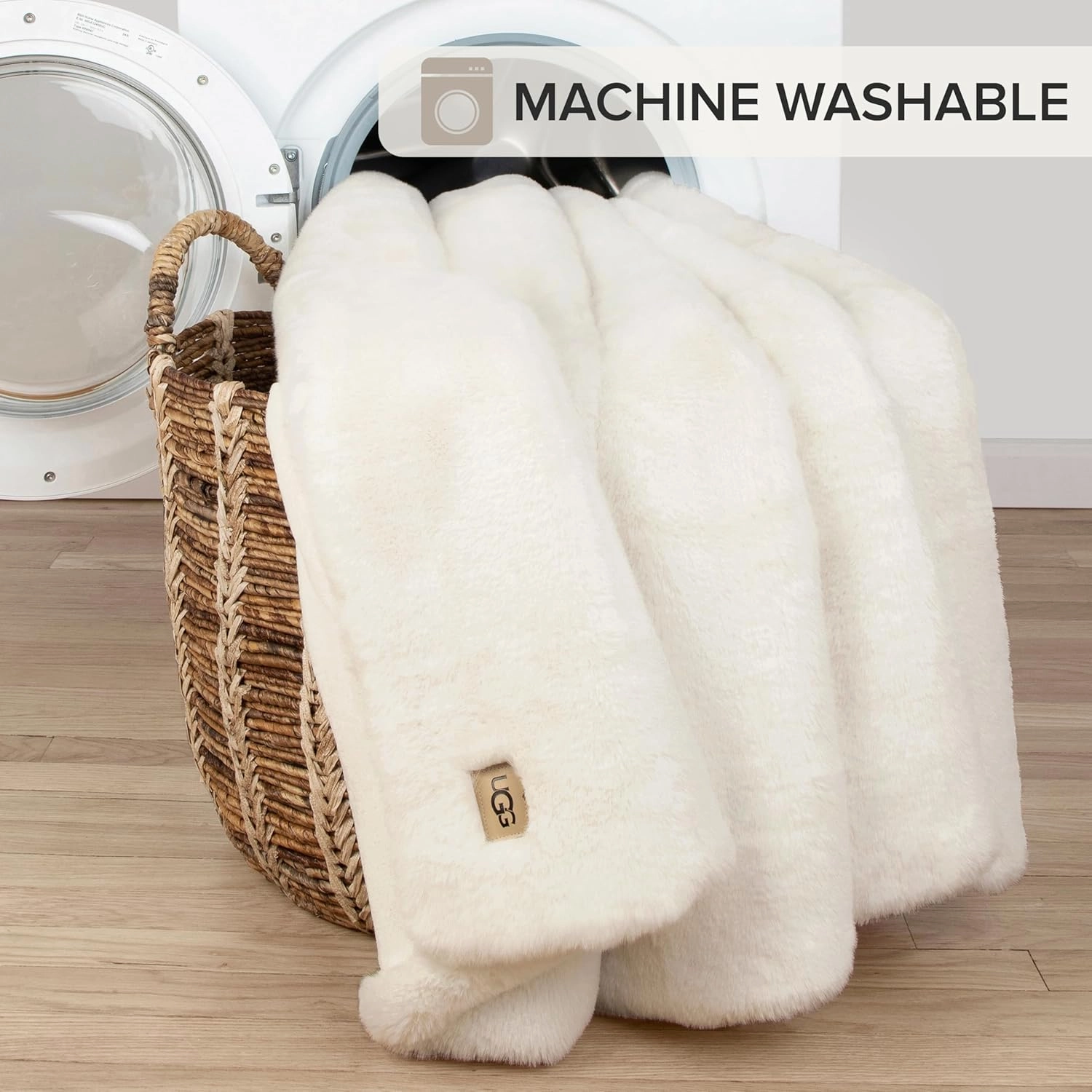UGG Euphoria Plush Faux Fur Throw Blanket Medium Weight Reversible Luxury Soft Throw for Couch Bed or Chair Hypoallergenic Machine Washable Home Decor Fluffy Blanket, 50-inch x 70-inch, White Snow