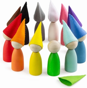 Ulanik Large Peg Dolls with Hats Toddler Montessori Toys for 3 Year Old   Kids Wooden Waldorf Dolls for Learning Color Sorting and Counting — 12 Gnomes, 3.35 in