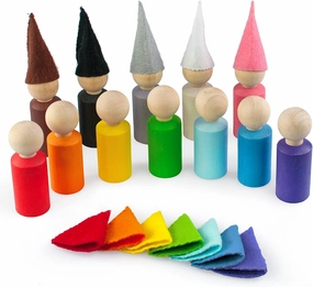 Ulanik Peg Dolls with Hats Toddler Montessori Toys for 3 Year Old   Kids Wooden Waldorf Dolls for Learning Color Sorting and Counting — 12 Gnomes, 2.36 in