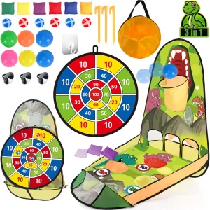 unanscre 3 in 1 Bean Bag Toss Game Toy Outdoor for Kids, Dinosaur Foldable Cornhole Board with Pop Up Basketball Game and Dartboard Set, Gift for Birthday/Xmas Party, Outside Toys for Toddlers Age 3 