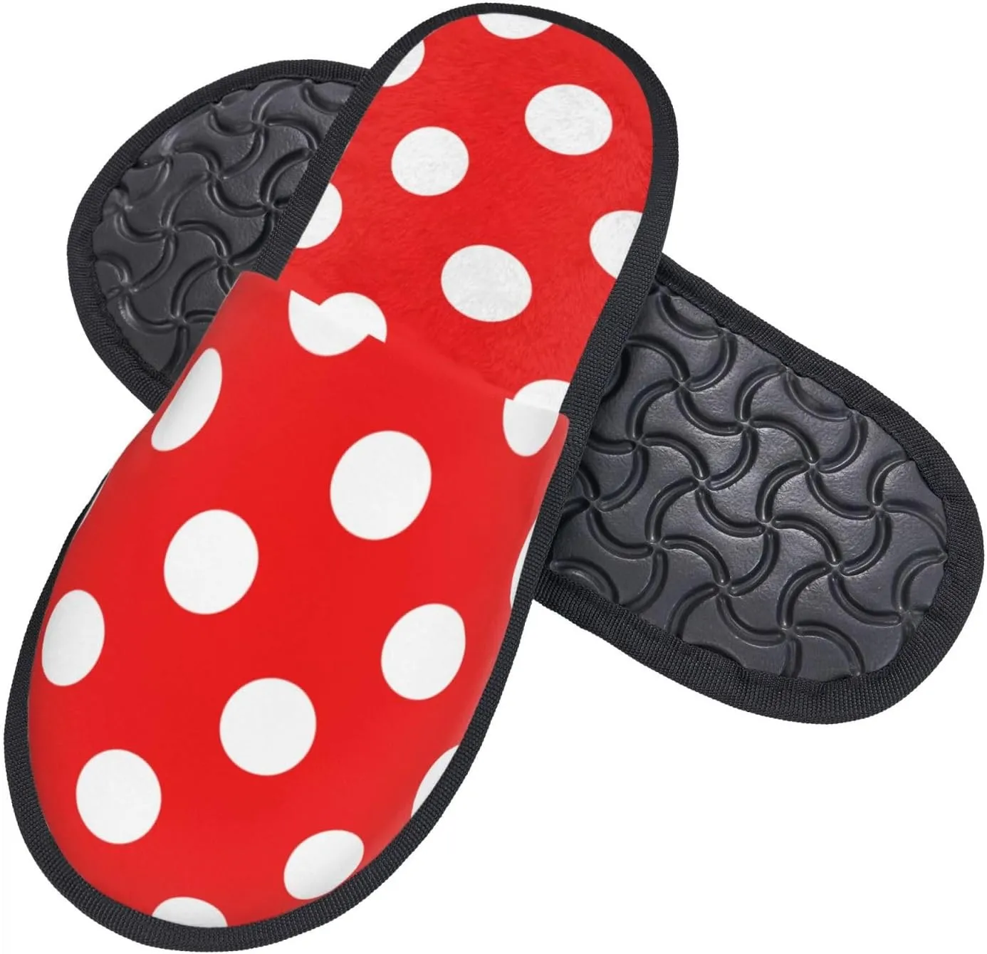 Unisex Cozy Indoor Furry Slipper Red And White Polka Dot Winter Plush House Slippers Warm Bedroom Shoes