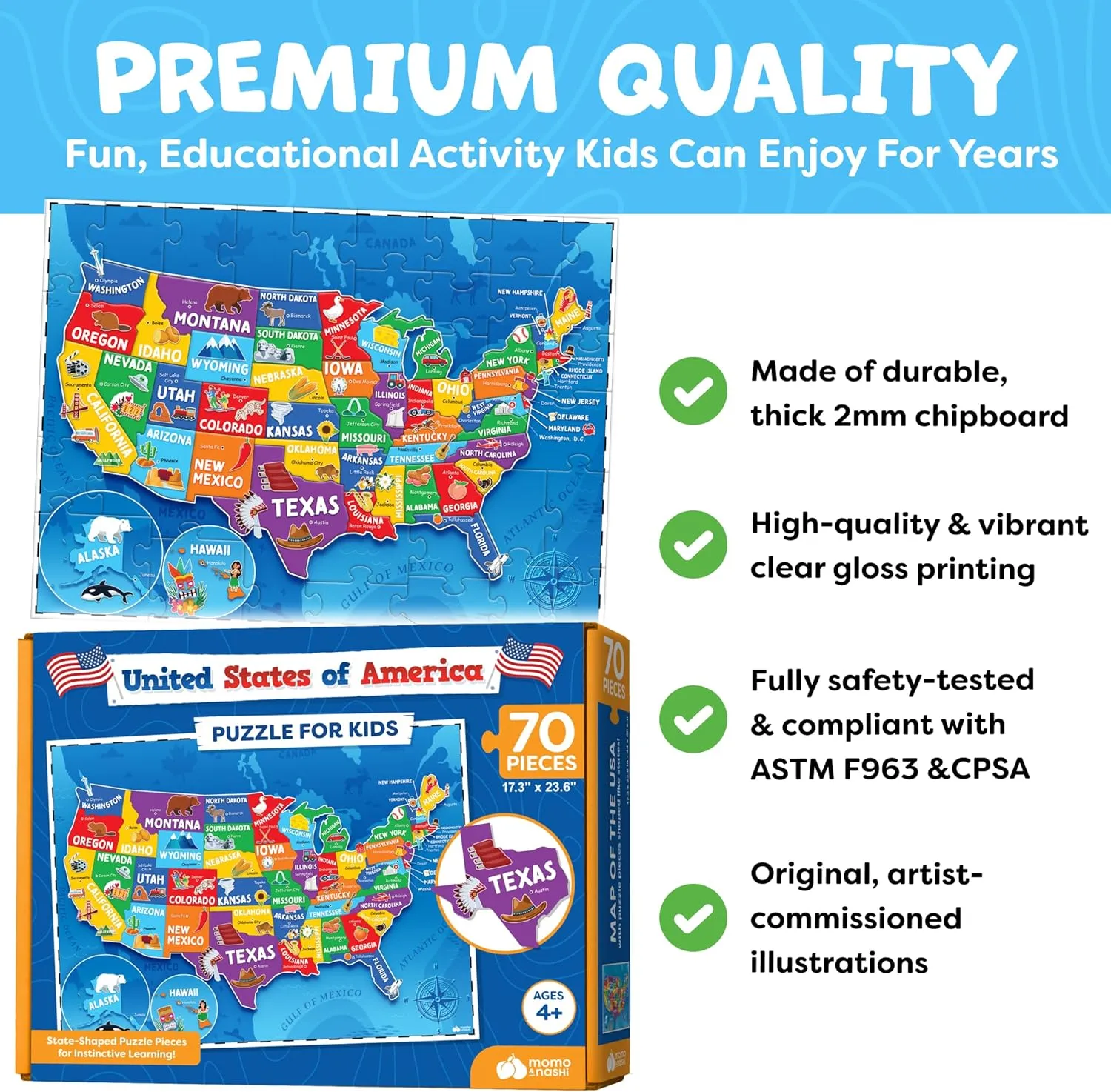United States Puzzles for Kids Ages 4-6 - Educational Toys for Boys & Girls - 70Pcs USA Map Kids Puzzle with 50 States & Capitals - Floor Jigsaw Puzzles - Summer Toys - Gifts for Children
