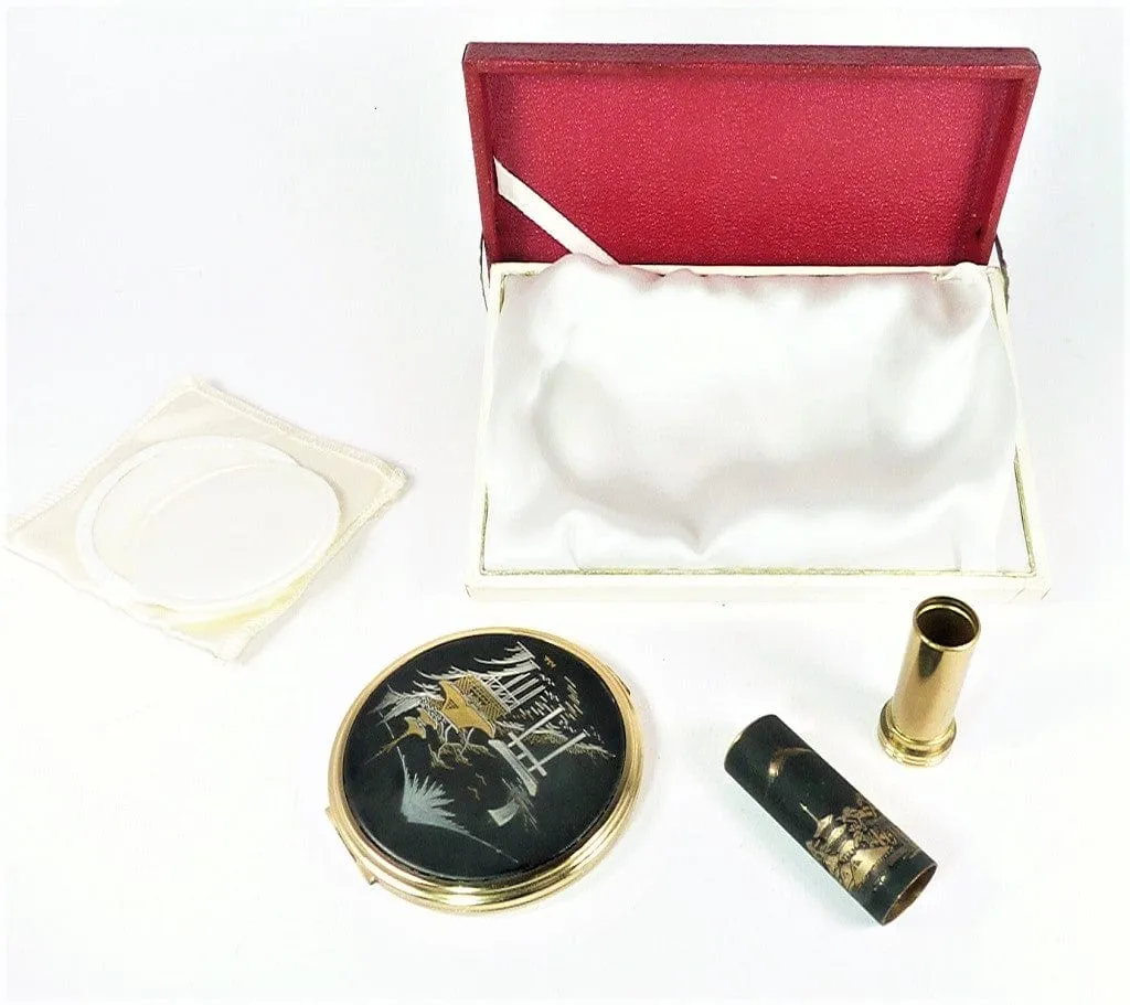 Unused 1950s Cased Damascene / Chokin Compact And Lipstick Set 24 Karat Gold Decorations