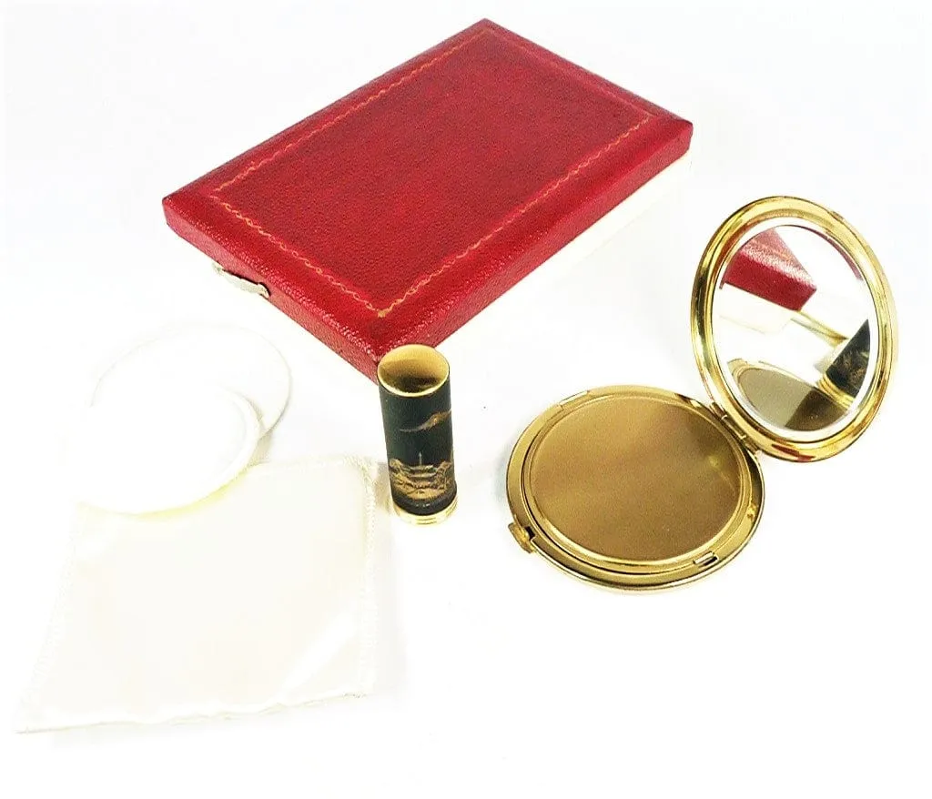 Unused 1950s Cased Damascene / Chokin Compact And Lipstick Set 24 Karat Gold Decorations