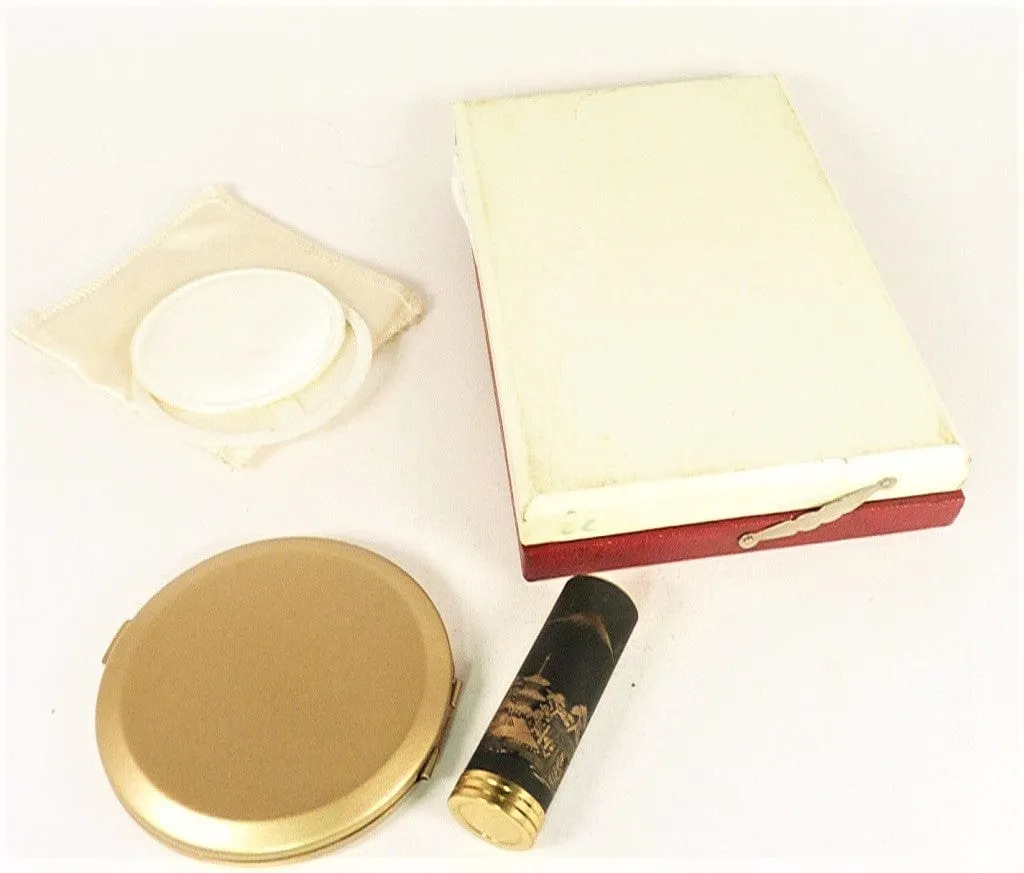 Unused 1950s Cased Damascene / Chokin Compact And Lipstick Set 24 Karat Gold Decorations