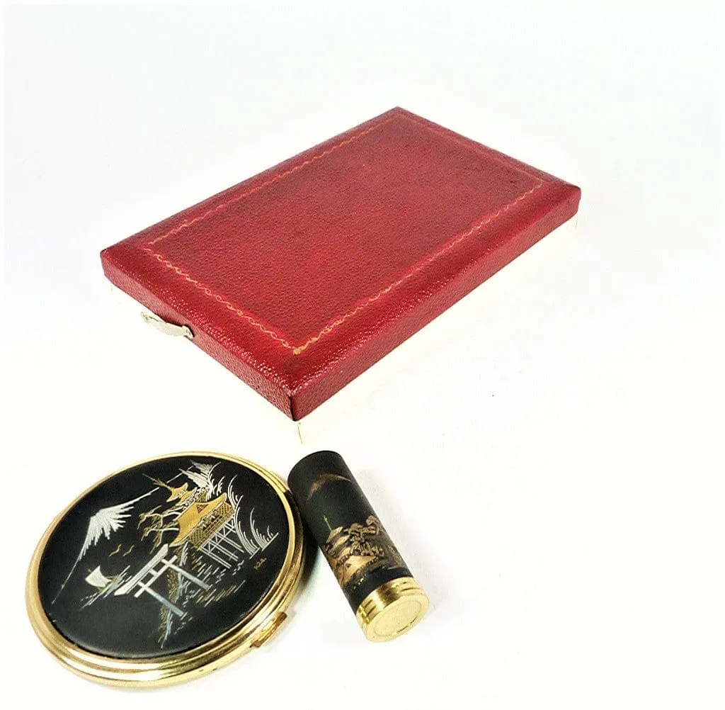Unused 1950s Cased Damascene / Chokin Compact And Lipstick Set 24 Karat Gold Decorations