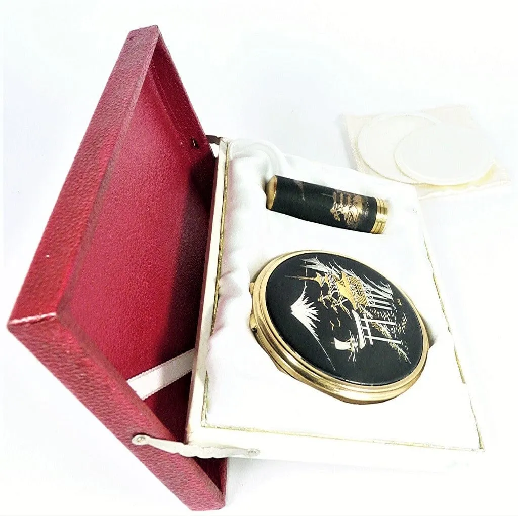 Unused 1950s Cased Damascene / Chokin Compact And Lipstick Set 24 Karat Gold Decorations