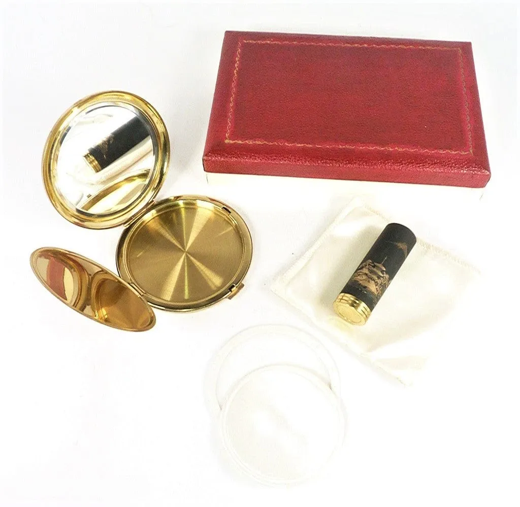 Unused 1950s Cased Damascene / Chokin Compact And Lipstick Set 24 Karat Gold Decorations