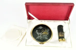 Unused 1950s Cased Damascene / Chokin Compact And Lipstick Set 24 Karat Gold Decorations